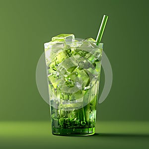 Green liquid in highball glass with ice cubes and straw