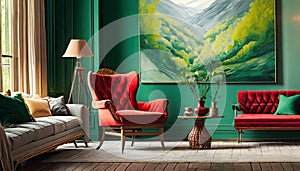 green living room cocoon with red seat