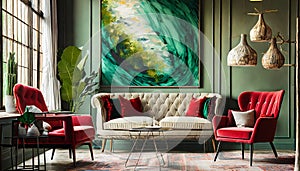 green living room cocoon with red seat