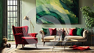 green living room cocoon with red seat