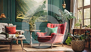 green living room cocoon with red seat