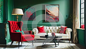 green living room cocoon with red seat