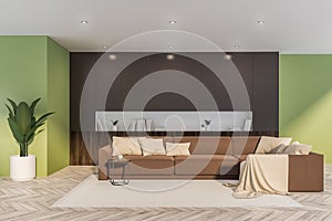 Green living room interior, brown sofa