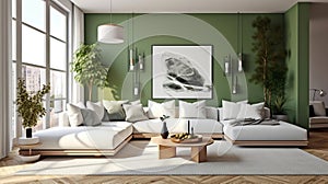 Green living room interior design with neutral color sofa, indoor plant and wall art, modern minimal japandi scandinavian living