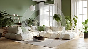 Green living room interior design with neutral color sofa, indoor plant and wall art, modern minimal japandi scandinavian living