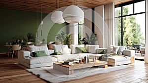 Green living room interior design with neutral color sofa, indoor plant and wall art, modern minimal japandi scandinavian living
