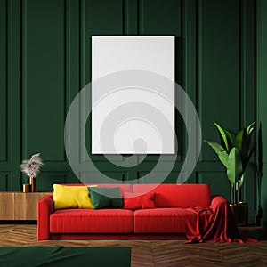 Green living room interior, red sofa and poster