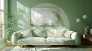 Green living room interior with sofa and green wall mock up, 3d render