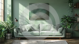 Green living room interior with sofa and green wall mock up, 3d render