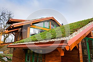 Green living sod roof with grass on wooden building