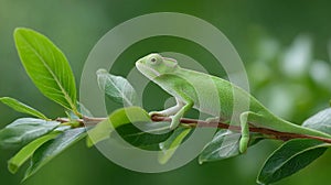 A green lizard is on a leafy branch