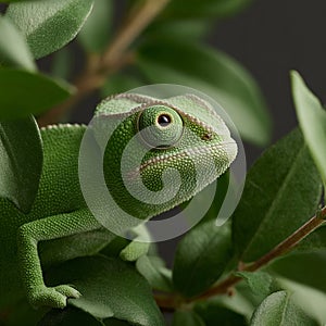 A green lizard is sitting on a leafy branch