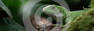 A green lizard is sitting on a log in a forest