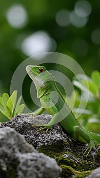 A green lizard is sitting on a rock