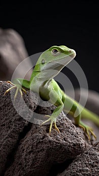 A green lizard is sitting on a rock
