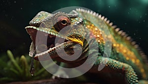 Green lizard in tropical forest, horned and cute, selective focus generated by AI