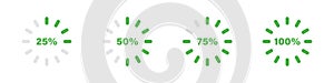 Green loading progress icon set. Progress scale. Green load indicator. Loading icon set. Vector graphic