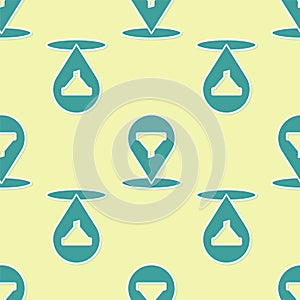 Green Location with sales funnel icon isolated seamless pattern on yellow background. Infographic template. Vector