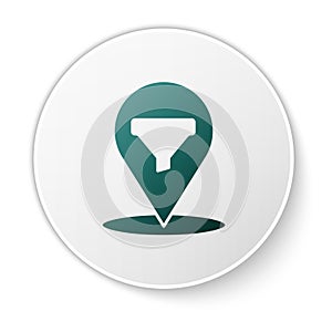 Green Location with sales funnel icon isolated on white background. Infographic template. White circle button. Vector