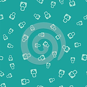 Green Lock and heart icon isolated seamless pattern on green background. Locked Heart. Love symbol and keyhole sign