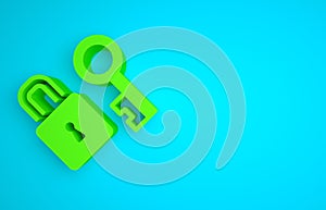 Green Lock with key icon isolated on blue background. Love symbol and keyhole sign. Minimalism concept. 3D render