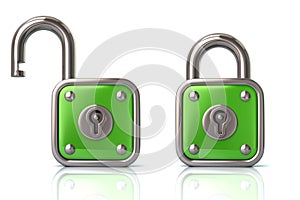 Green lock and unlock padlock 3d illustration