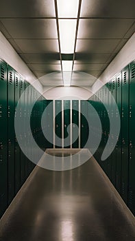 Green lockers in school corridor or dressing room lineup