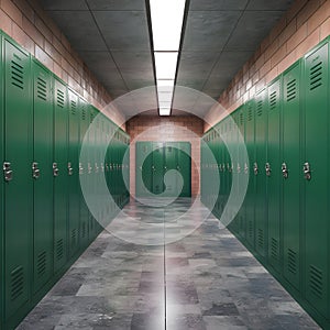 Green lockers in school corridor or dressing room lineup