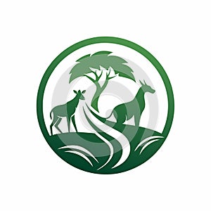 A green logo design showcasing two deers along with a tree, Design a simple and elegant logo for an NGO dedicated to wildlife