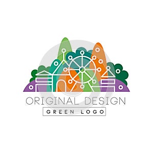 Green logo original design logo, colorful city landscape skyline, amusement park vector Illustration on a white