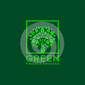 Green logo with trees and leaves