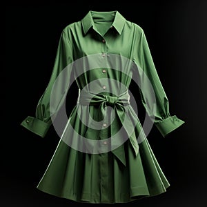 Green Long Sleeved Shirtdress With Pleated Waist - Photorealistic Renderings