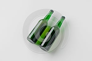 Green longneck beer bottle mockup. Two bottles