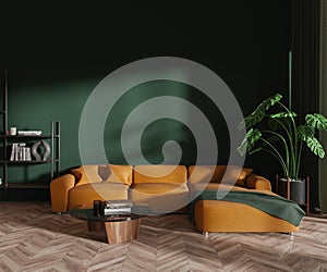 Green lounge zone interior with couch and coffee table. Mockup wall