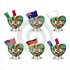 Green love twirl candy cartoon character bring the flags of various countries