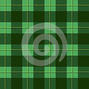 Green lumberjack plaid pattern. Seamless vector background. Alternating overlapping black and colored cells. Template for clothing