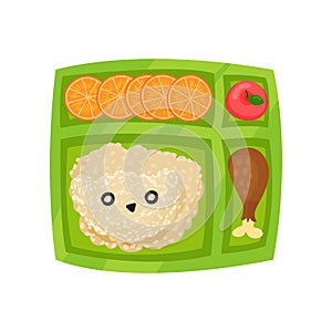 Green lunch box with rice, chicken leg, slices of orange and fresh red apple. Plastic tray with tasty food. Flat vector