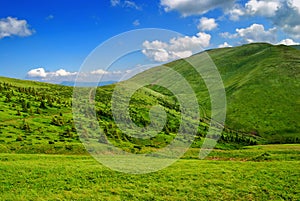 Green lush mountain valley with pathway