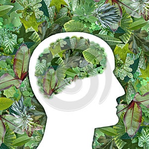 Green Luxuriant Garden Leaves, around and inside human`s brain profile photo