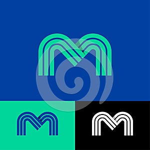 Green M letter. Linear monogram on a different backgrounds. Logo consist of three strips.