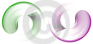 The green and magenta round frames are created by swirling arc-shaped striped elements on a white background. Icon, logo, symbol