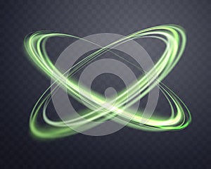 Green magic glowing ring. Neon realistic energy flare halo ring. Abstract light effect on a dark transparent background
