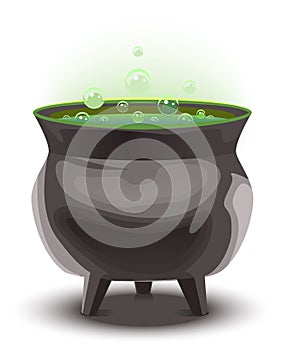 Green magic potion in cauldron. Boiling pot. Halloween accessory object