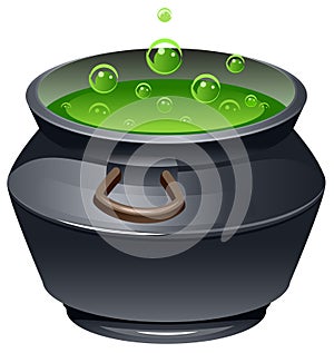Green magic potion in cauldron. Boiling pot. Halloween accessory object photo