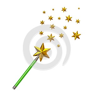 Green magic star wand with stars 3d illustration