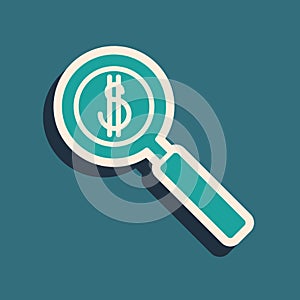 Green Magnifying glass and dollar symbol icon isolated on green background. Find money. Looking for money. Long shadow