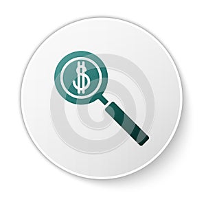 Green Magnifying glass and dollar symbol icon isolated on white background. Find money. Looking for money. White circle