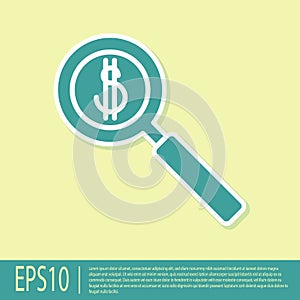 Green Magnifying glass and dollar symbol icon isolated on yellow background. Find money. Looking for money. Vector
