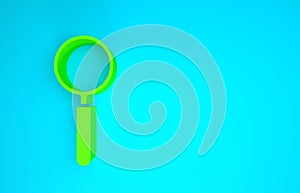 Green Magnifying glass icon isolated on blue background. Search, focus, zoom, business symbol. Minimalism concept. 3d
