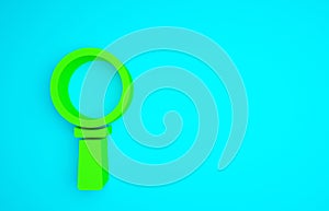 Green Magnifying glass icon isolated on blue background. Search, focus, zoom, business symbol. Minimalism concept. 3d